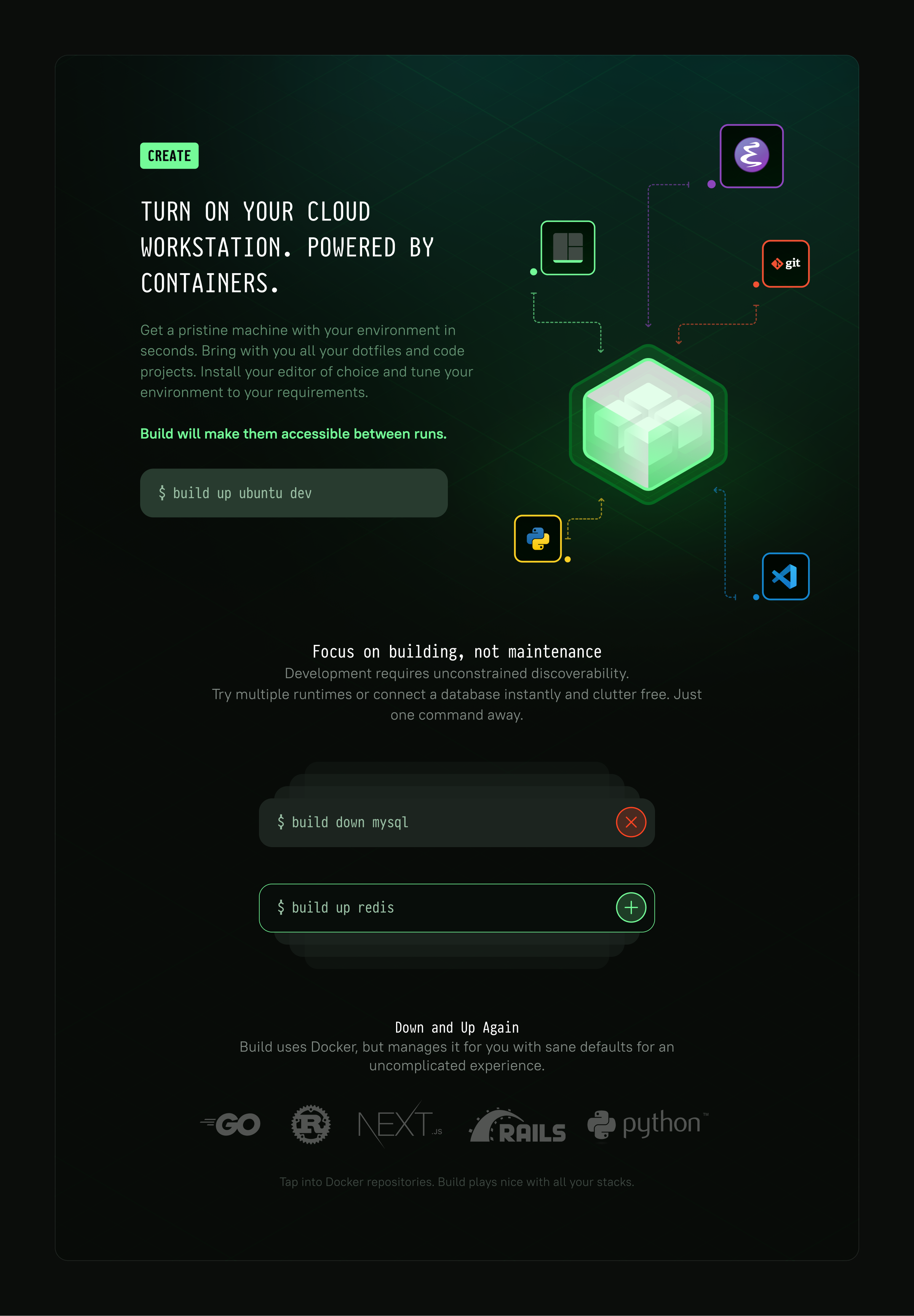 Section from Blink Build website explaining spinning up a new container